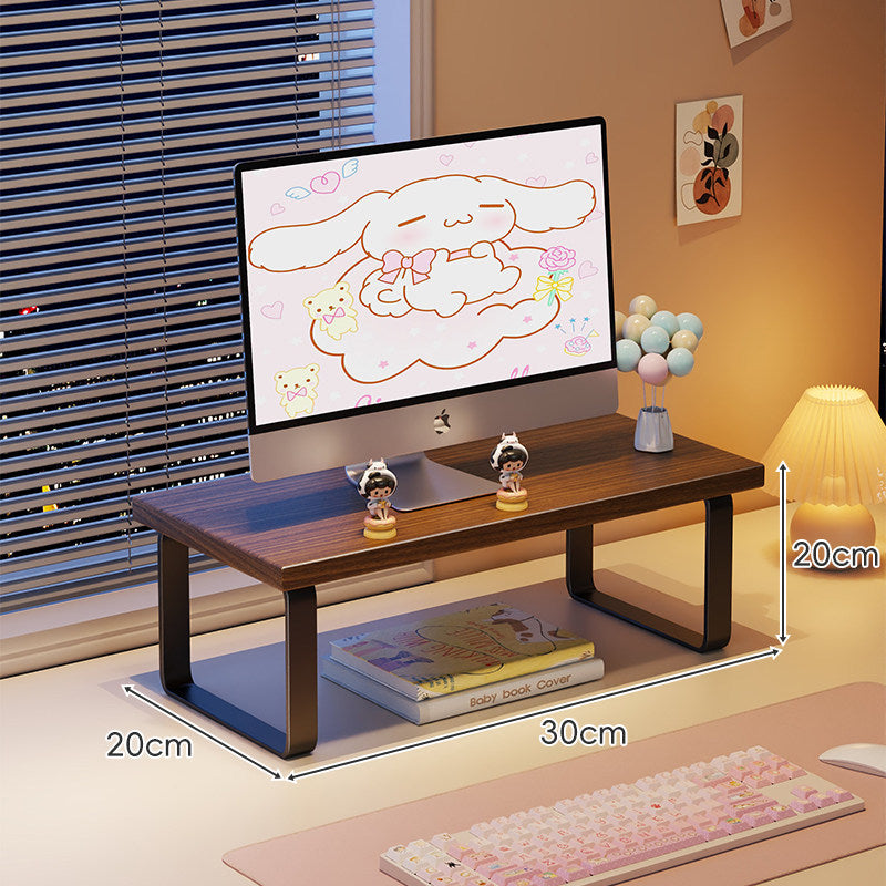 Kompakte Holz-Desktop-Monitorerhöhung mit Metallbeinen und unterer Ablagefläche
