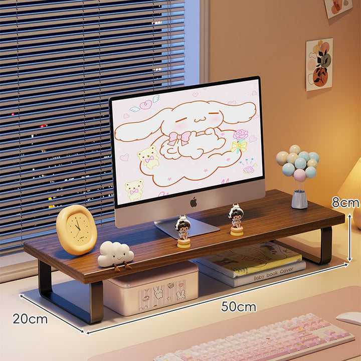 Kompakte Holz-Desktop-Monitorerhöhung mit Metallbeinen und unterer Ablagefläche