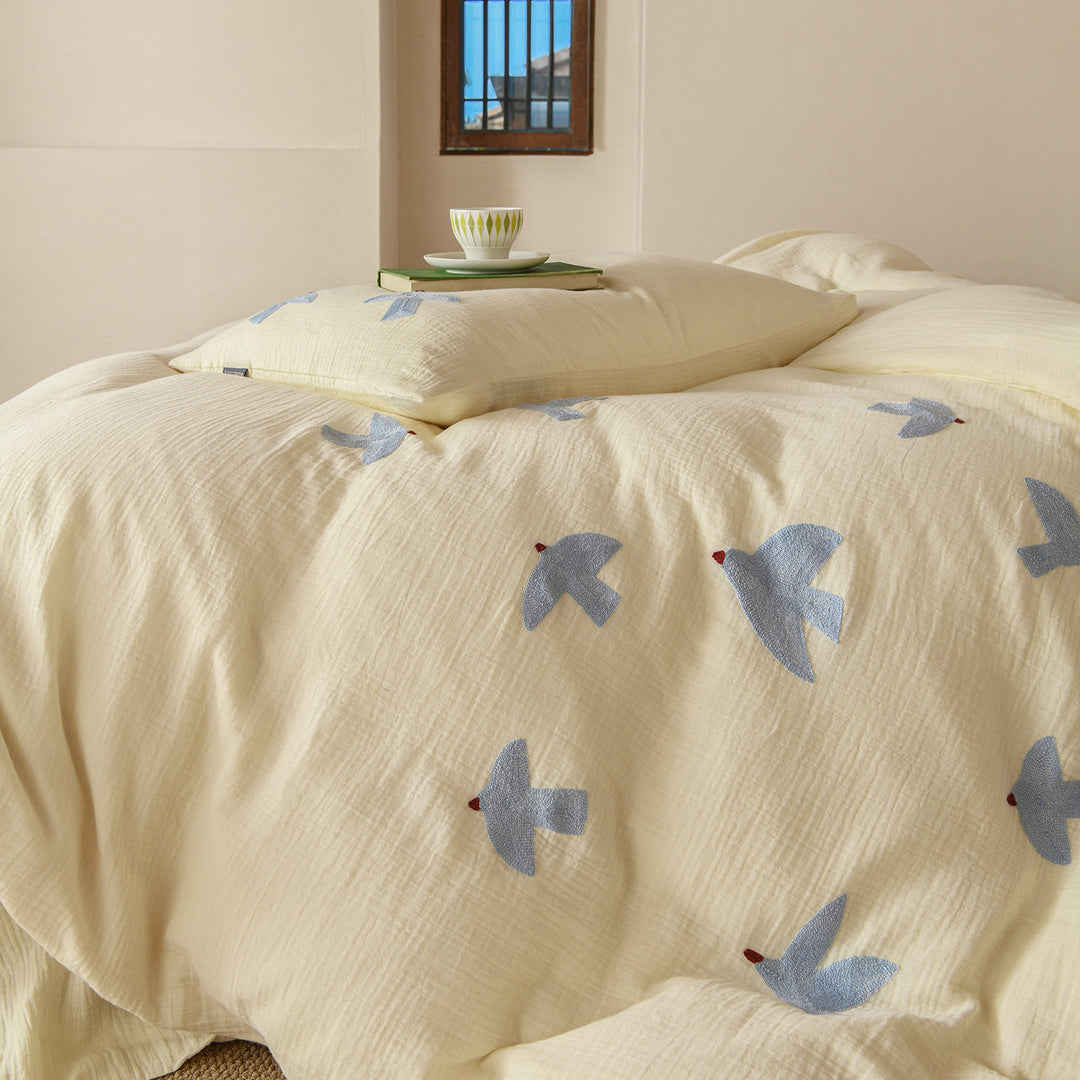 Gewaschenes Baumwoll-Musselin besticktes Vogel Bettbezug-Set