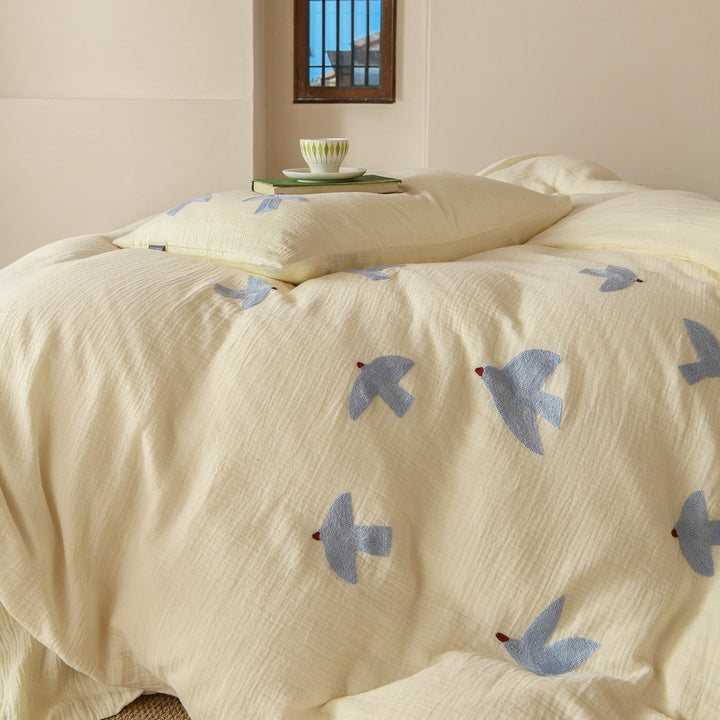 Gewaschenes Baumwoll-Musselin besticktes Vogel Bettbezug-Set