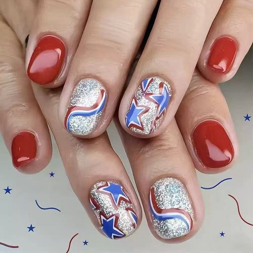 Festliche Glitzernde Stern- und Streifen-Nagelkunst Karnz