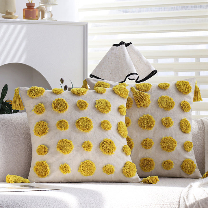 Dekoratives Zierkissen mit bunten Chenille‑Tufts, Baumwoll‑Leinenbezug und Quasten Karnz