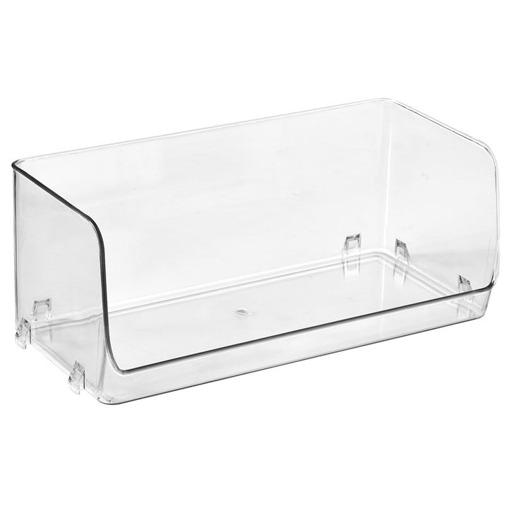 Transparente Aufbewahrungsbox mit Frontöffnung, geriffelter Struktur und integrierten Grifföffnungen