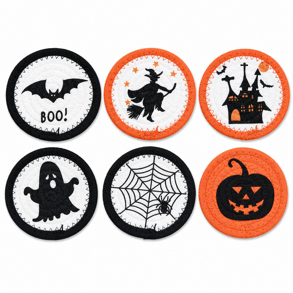 Runde Filz- und Baumwoll-Untersetzer mit gesticktem Halloween-Spukhausmotiv