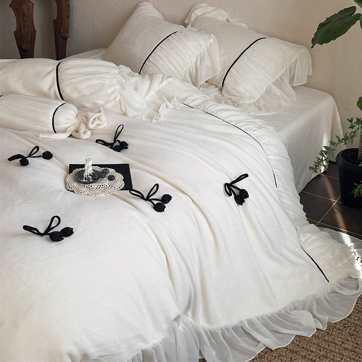 Rüsche Velvet-Feel Bettbezugset mit Chiffon-Saum und Bänder Tulpenakzenten