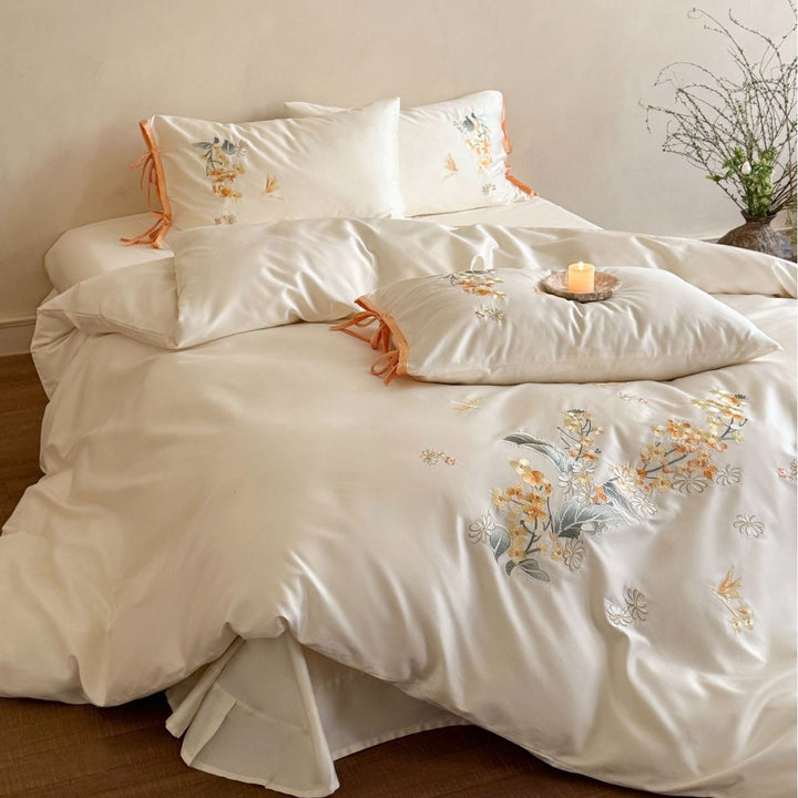 Botanisches gesticktes Satin-Bettbezug-Set mit Bandbindung-Kissenbezügen