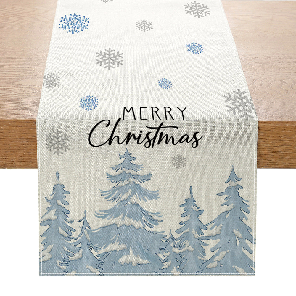 Festive Buffalo-Check Leinen-Textur Weihnachts Tischläufer mit Baum und Schaukelpferd Druck