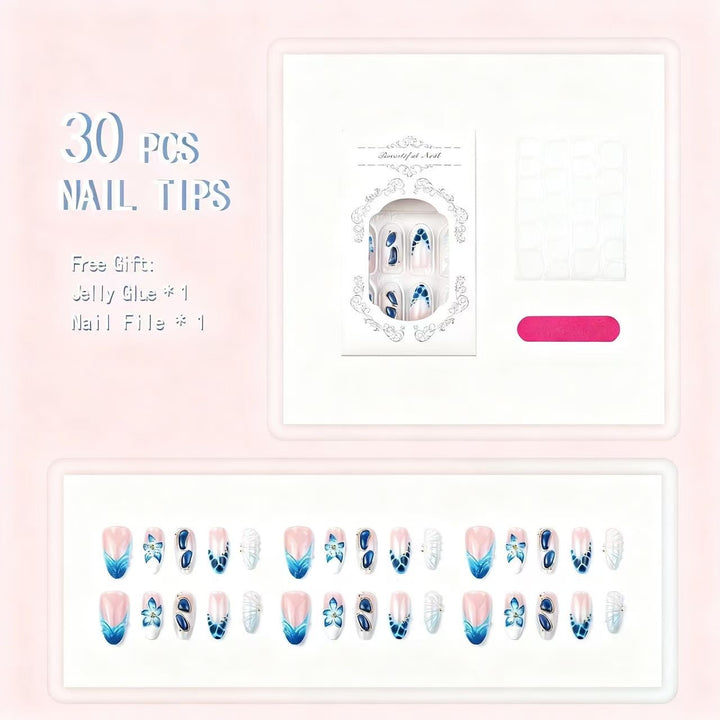 Künstlerisches Press-On Nagelspitzen-Set mit floralen und geometrischen Mustern Karnz
