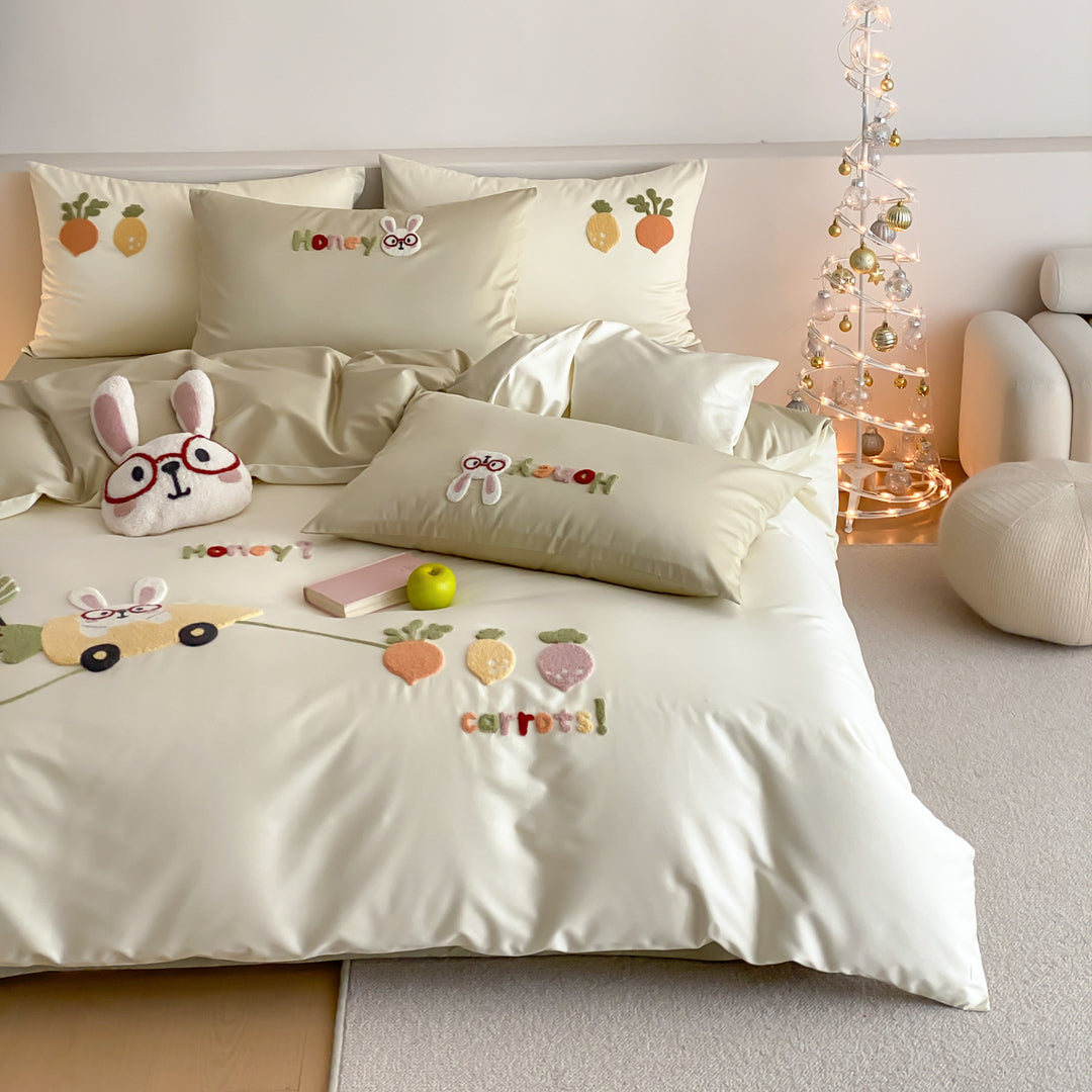 Kinder bestickte Baumwollsatin Bettbezug Set