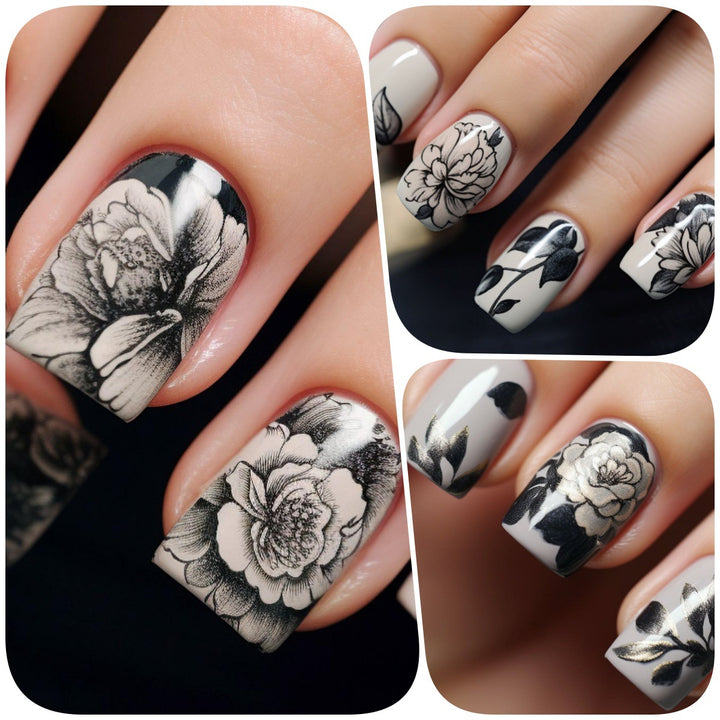 Kunstnägel mit floralem Schwarz-Weiß-Design Karnz
