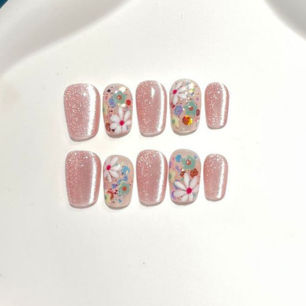 Blumen- und Glitzer-Dekorative Press-On Nagelset