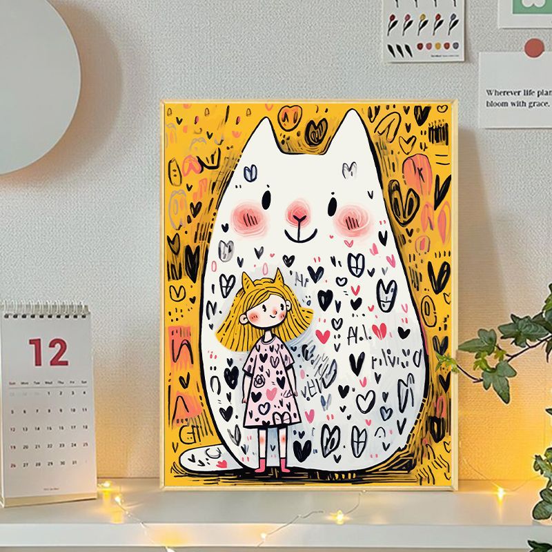 Verspielte Katzen- und Mädchenillustration Leinwandkunst Karnz