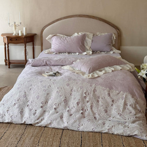 Florales Cutwork-Spitzen-Bettbezug-Set mit Rüschenspitzen-Kissenbezügen
