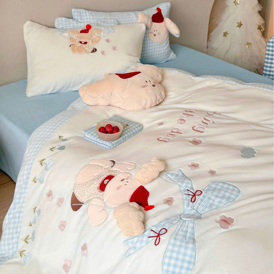 Kinder Plüsch Applikation Gingham Bettwäsche Set mit Kissenbezügen und dekorativen Plüschakzenten