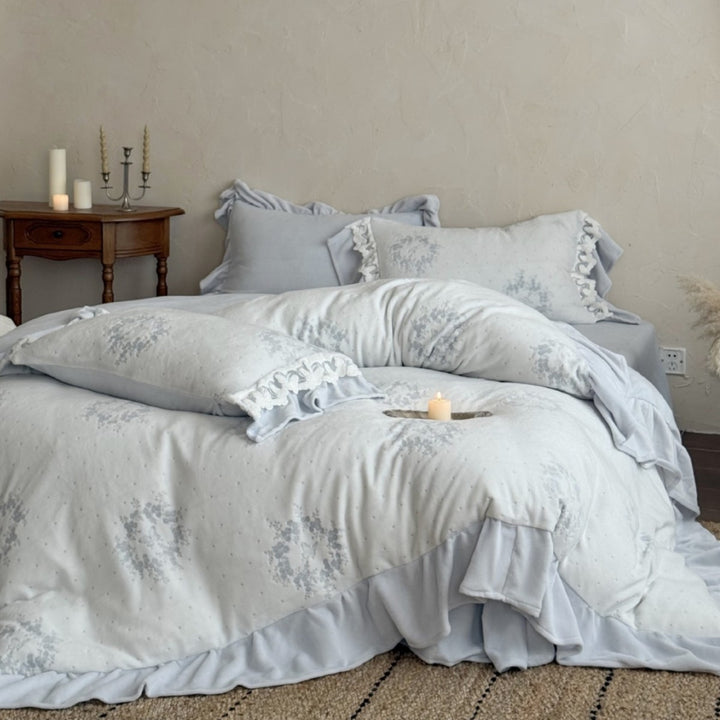 Umkehrbare florale Rüschensaum Bettbezug Set mit Kissenbezügen & dekorativem Bolster