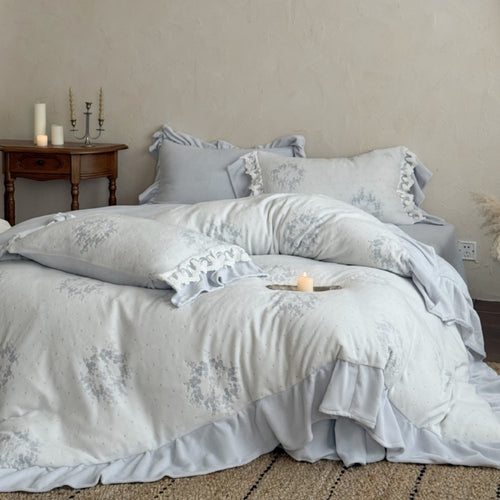 Umkehrbare florale Rüschensaum Bettbezug Set mit Kissenbezügen & dekorativem Bolster
