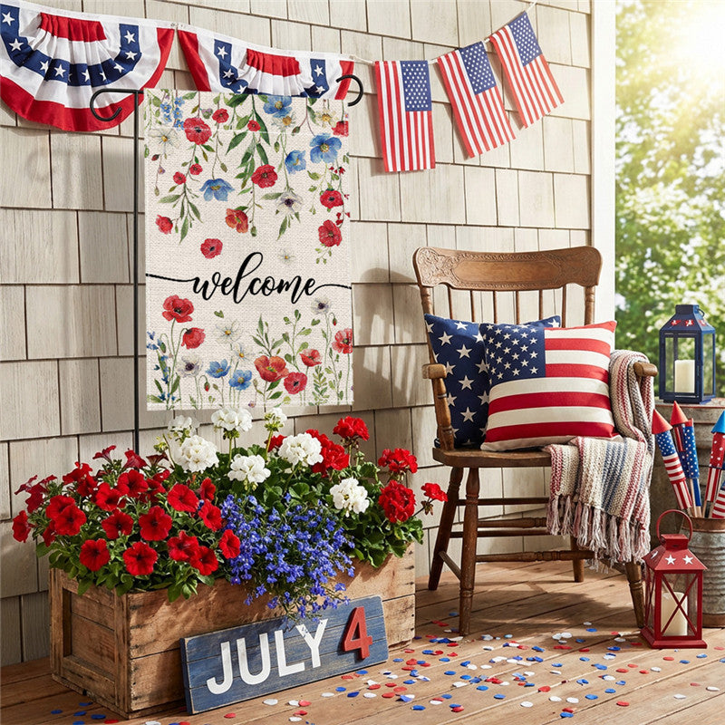 Outdoor Jute Gartenflagge mit patriotischem Fourth of July Einmachglas Blumengrussdesign