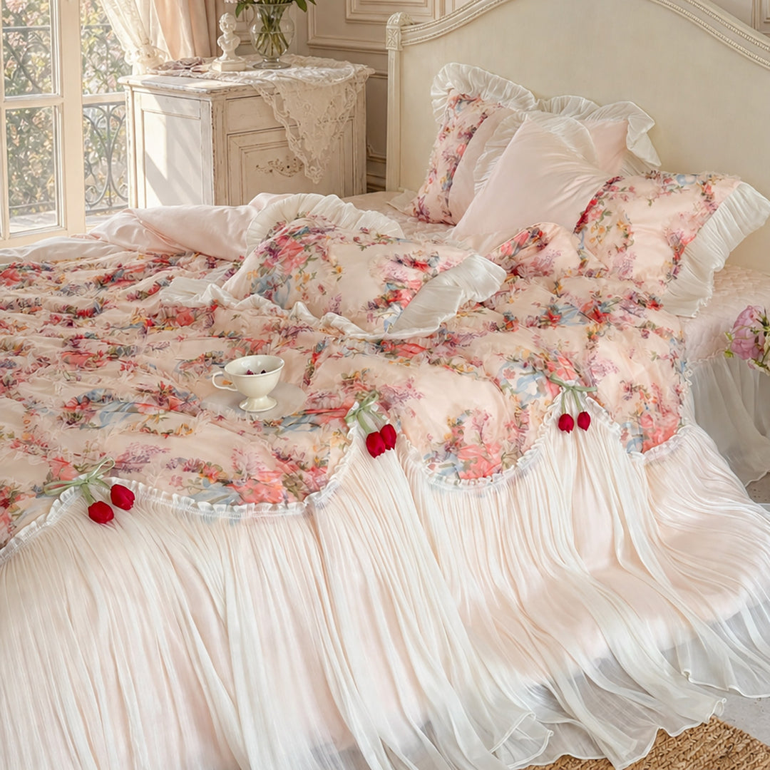 Romantisches Schichten Chiffon Plissierte Bettbezug Set mit Floralen Organza Rüsche und Kissenbezüge
