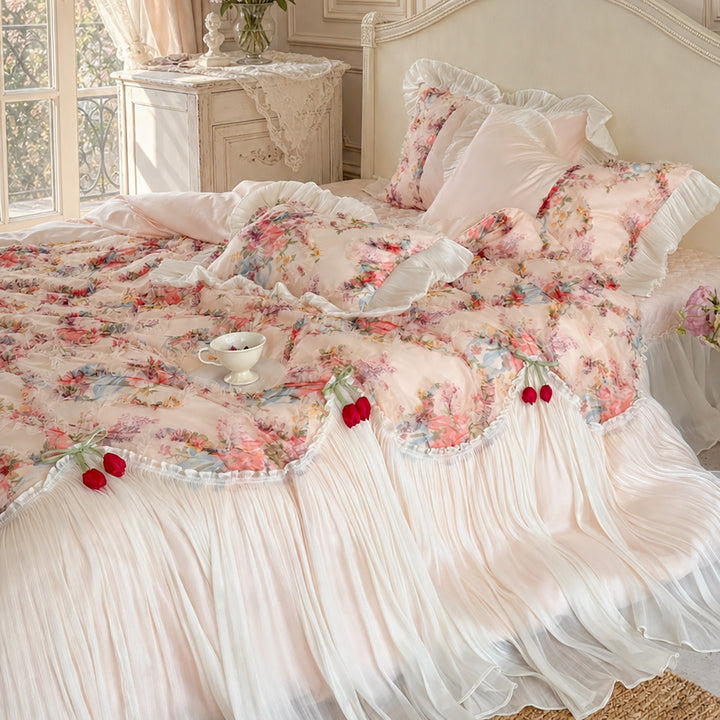 Romantisches Schichten Chiffon Plissierte Bettbezug Set mit Floralen Organza Rüsche und Kissenbezüge
