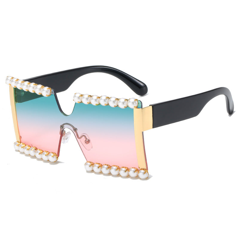Damen extravagante Rechteck-Sonnenbrille mit Perlenschmuck und UV-Schutz Karnz