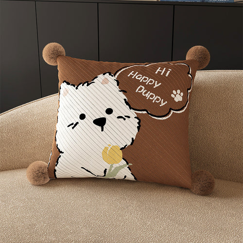 Square Pom-Pom Knit Decorative Throw Pillow Cover with Cartoon Bear Panel and Textured Weave