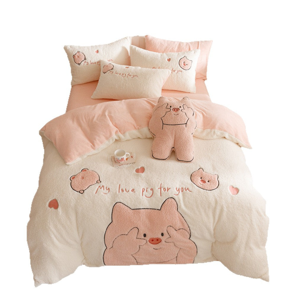 Kuschelige Teddyfleece-Bettwäsche-Garnitur mit Schweine-Applikationen