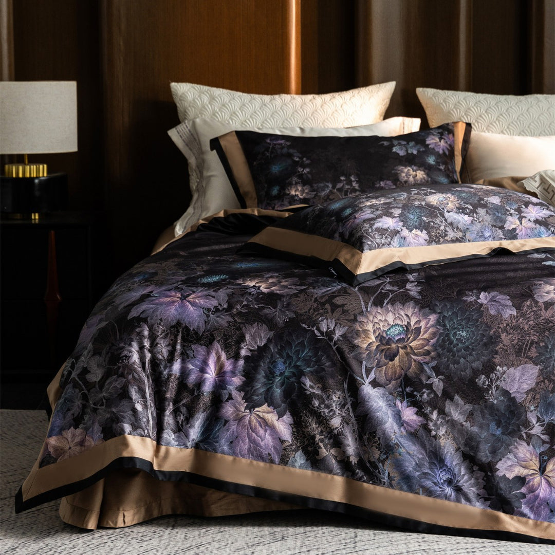 Luxuriöses Botanisches Jacquard-Satin-Bettdeckenbezug-Set mit Kontrastsaum und verdecktem Verschluss