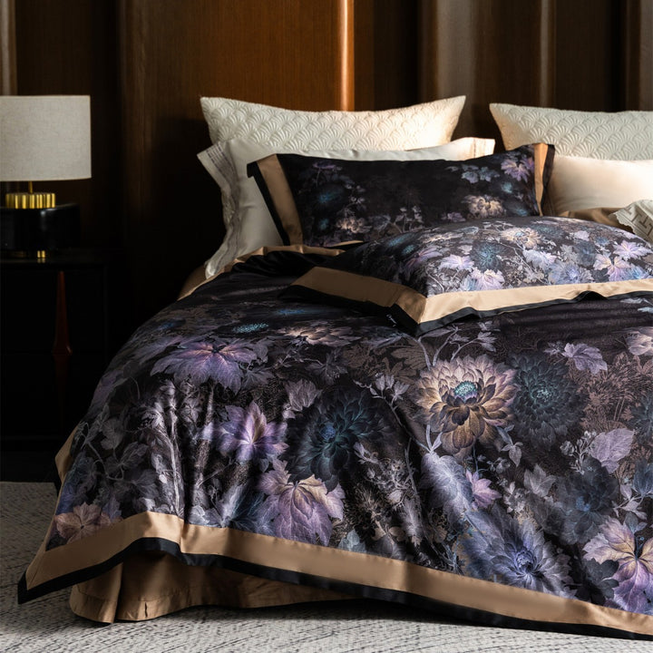 Luxuriöses Botanisches Jacquard-Satin-Bettdeckenbezug-Set mit Kontrastsaum und verdecktem Verschluss