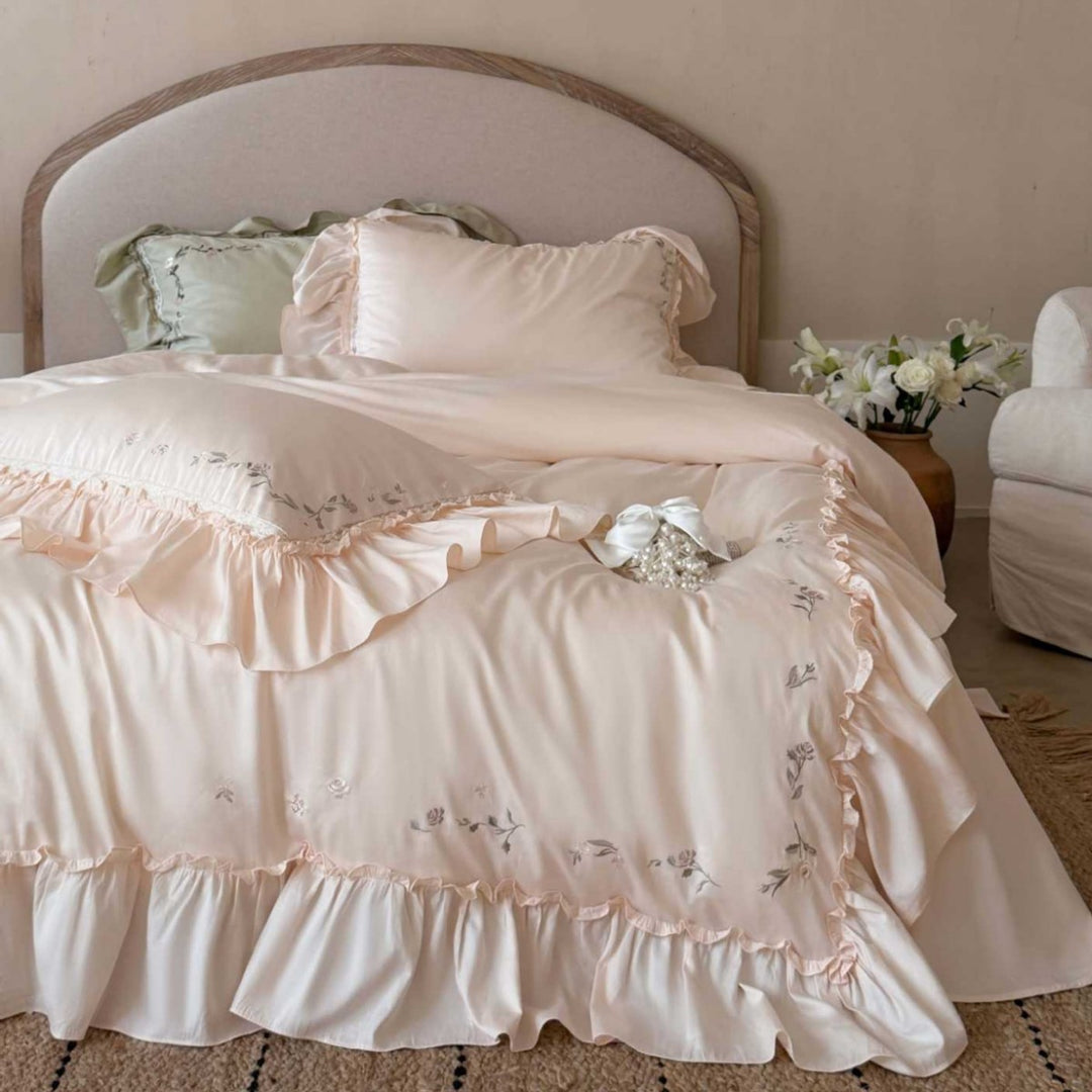 Rüsch Satin-Feel bestickte Bettbezug Set mit Kissenbezügen