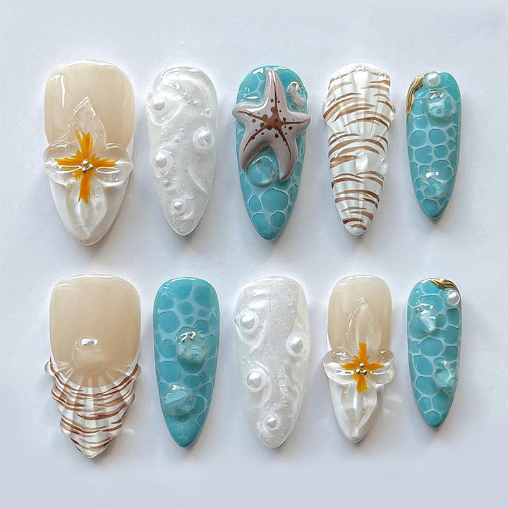Strand-inspirierte Press-On-Nagelset mit Ozean- und Seestern-Designs Karnz