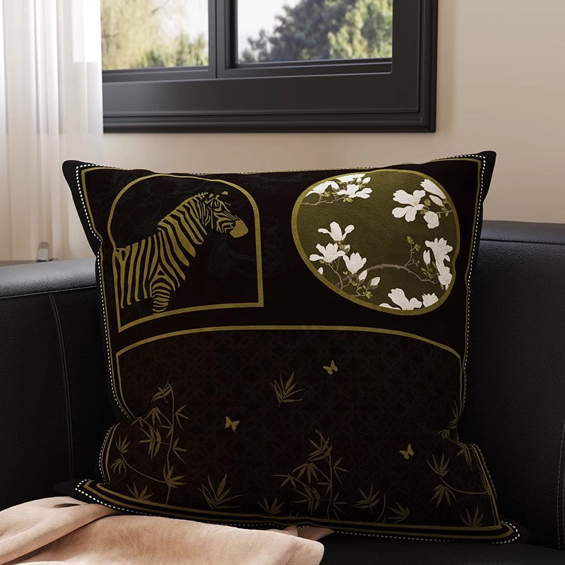 Square Velvet Accent Pillow Cover with Vintage Botanical Tapestry Print and Contrast Border