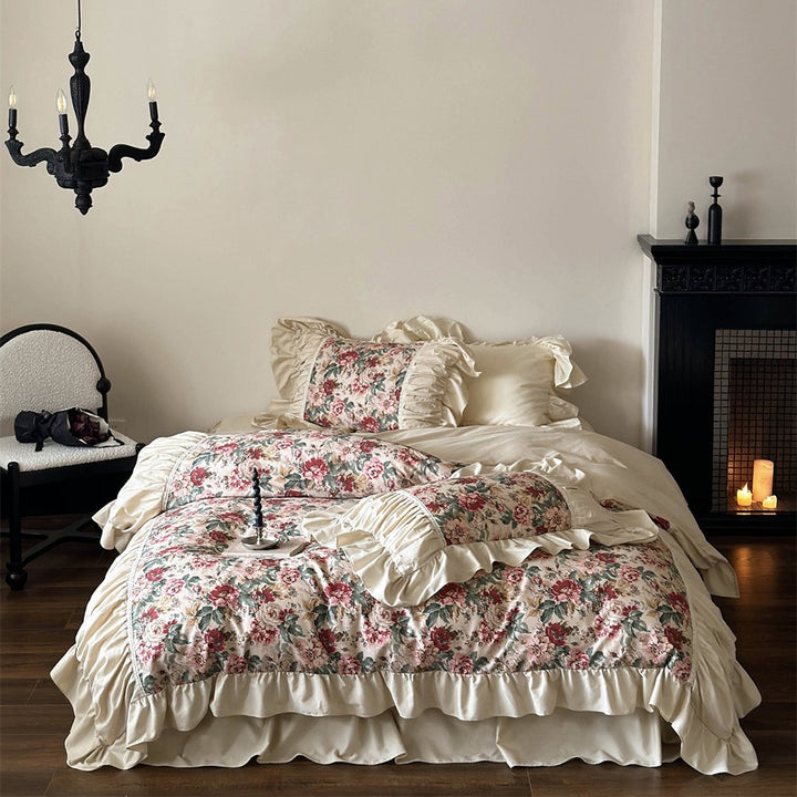 Vintage Floral Ruffled Baumwoll Bettwäsche Set