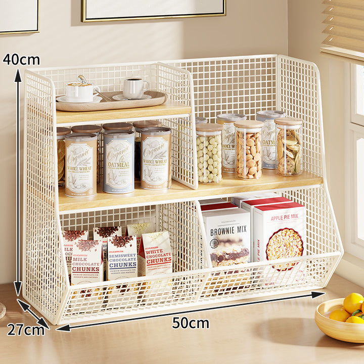 Multi-Ebenen Drahtgitter Arbeitsplatten Vorratsraum Organizer mit Holzregalen und Korb