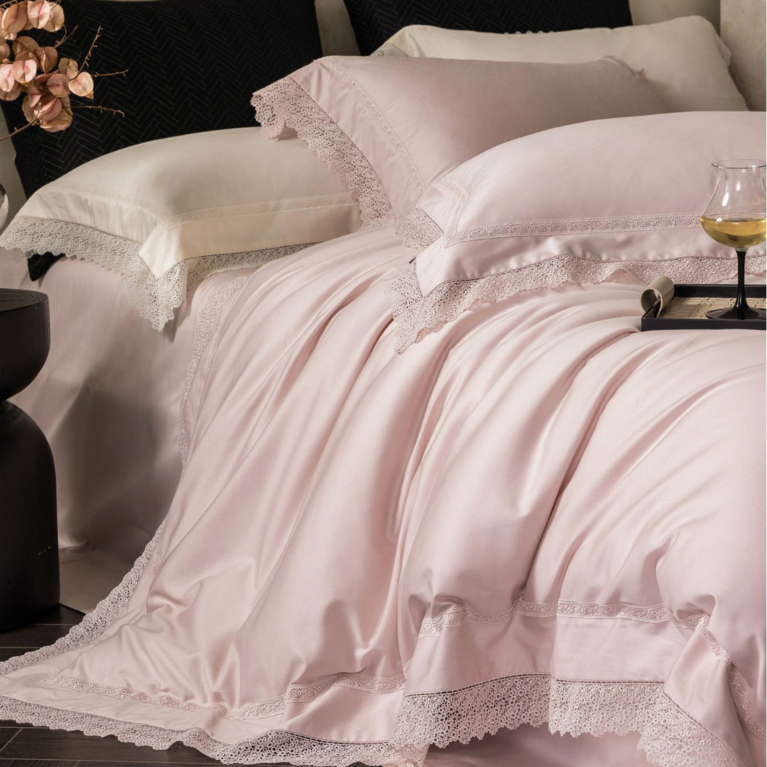 Luxuriöses Baumwollsatin Bettbezug-Set mit Spitzenkante