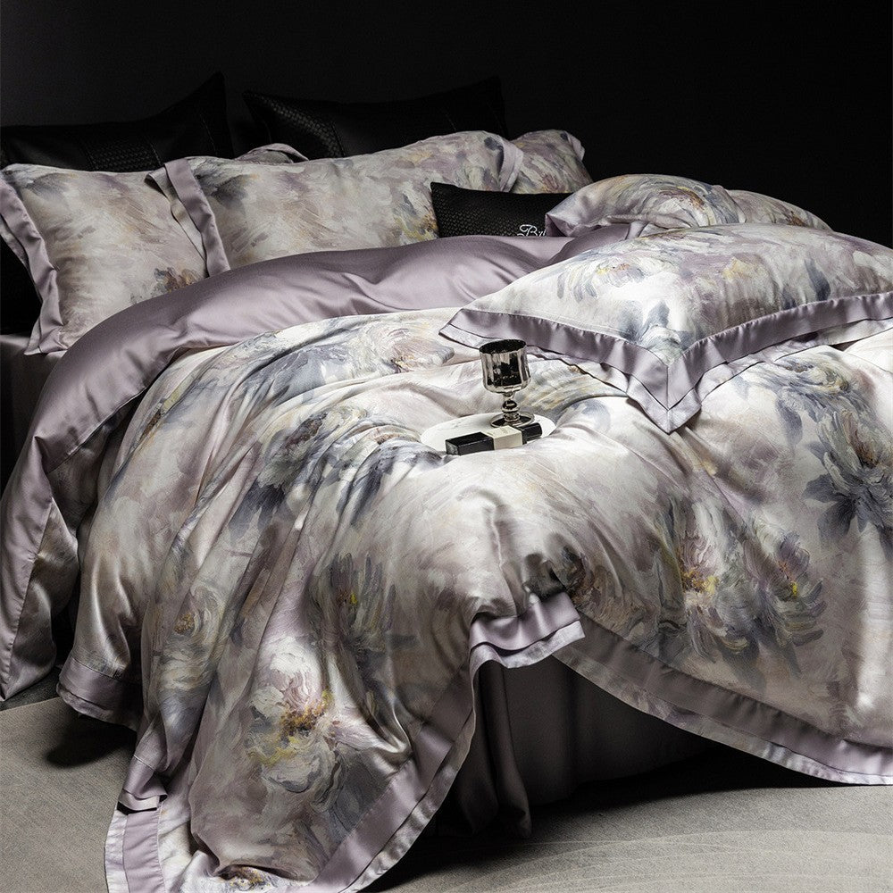 Luxuriöses Satin-Bettwäsche-Set mit floraler Aquarelloptik und Satinbordüre