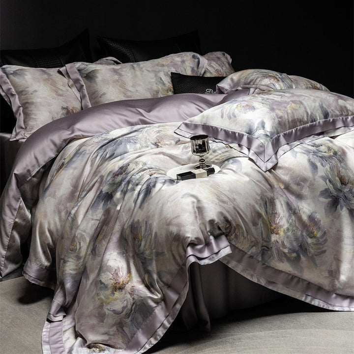 Luxuriöses Satin-Bettwäsche-Set mit floraler Aquarelloptik und Satinbordüre