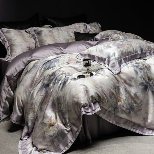 Luxuriöses Satin-Bettwäsche-Set mit floraler Aquarelloptik und Satinbordüre