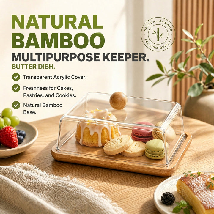 Bamboo Butter Dish with Glass Dome and Stainless Steel Spreaders