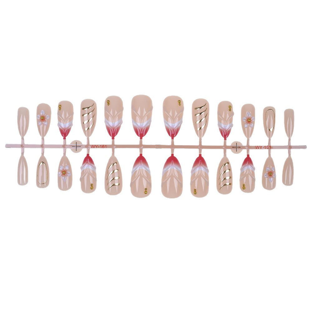 Elegantes floral und Goldakzent Press-On Nagelset Karnz