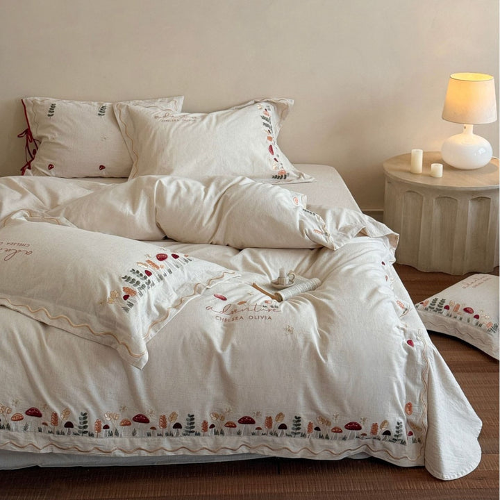 Bestickte Baumwolle Bettwäsche Set mit Rüschensaum