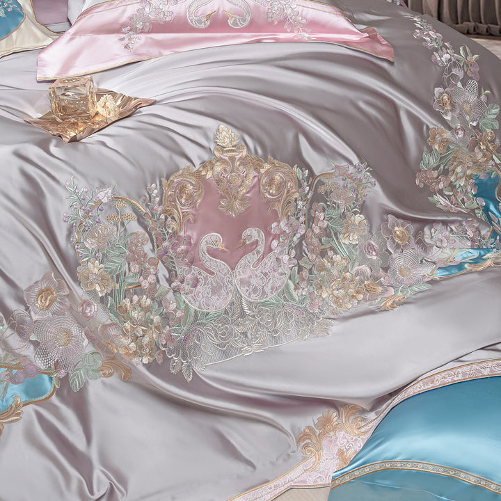 Besticktes Luxus Satin-Feel Bettbezug Set mit verstecktem Reißverschluss & Oxford Kissenbezügen
