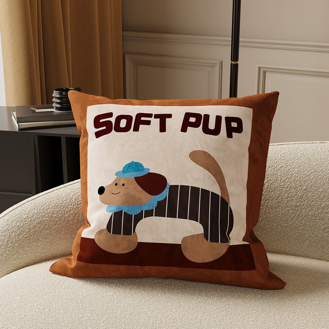 Decorative Striped Cotton-Linen Throw Pillow Cover with Playful Black Cat Motif