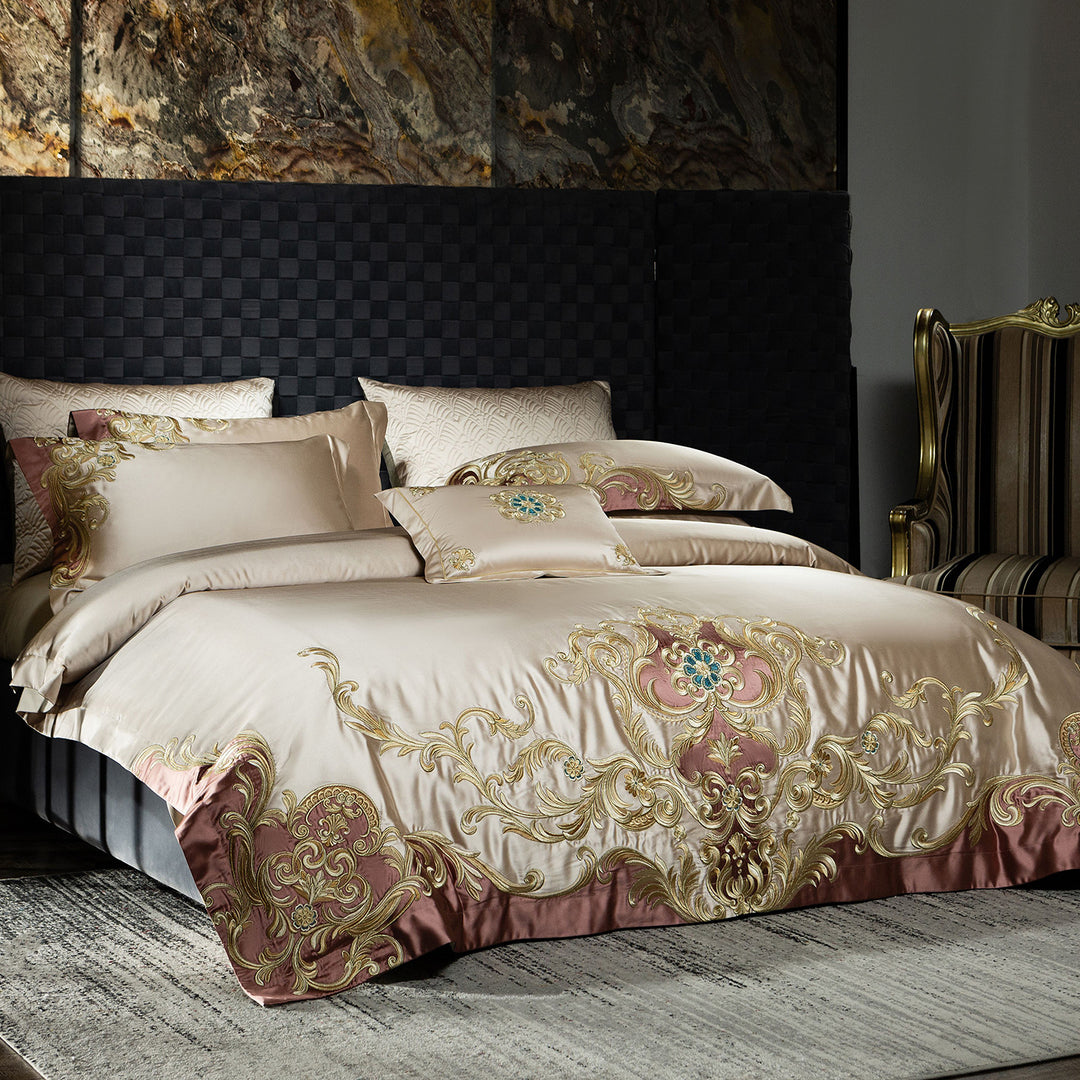 Luxuriöses besticktes Duvet-Bezug-Set aus Seidengefühl
