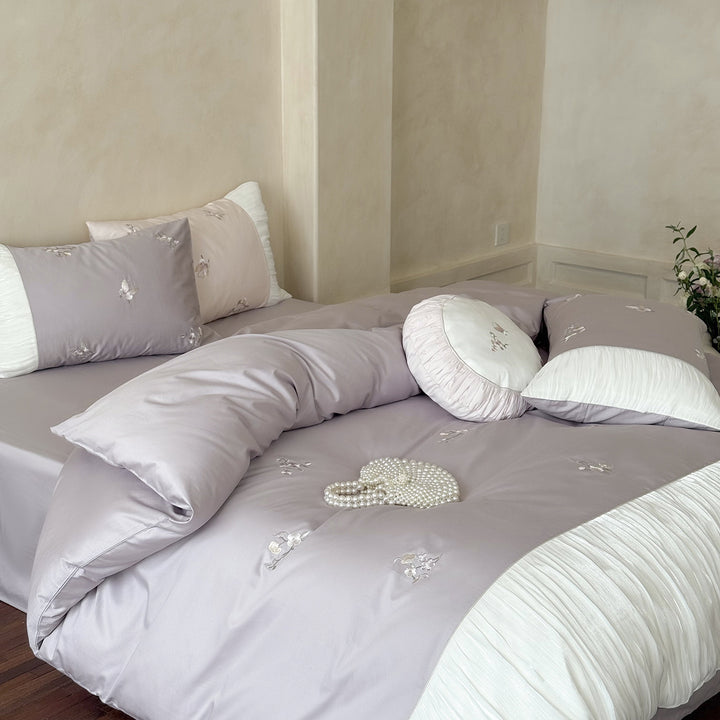 Bestickte Paspel-Bettwäsche aus Baumwollsatin-Set