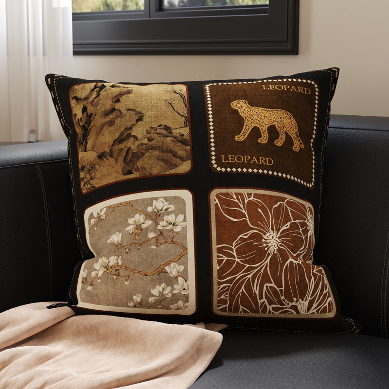 Decorative Patchwork Velvet Throw Pillow Cover with Asian-Inspired Scenic Panels and Metallic Gold Accents
