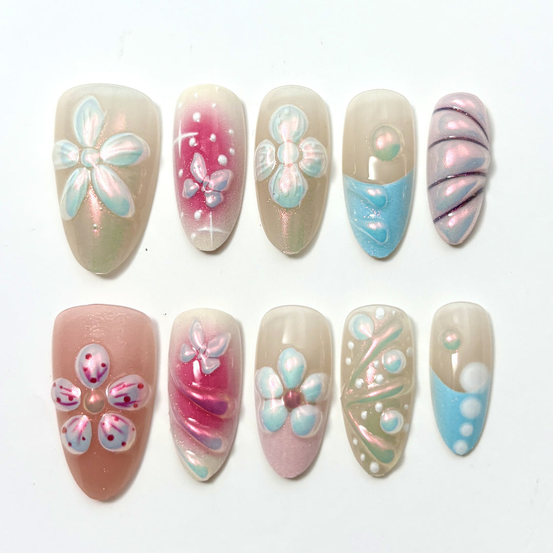 Künstlerisches Blumendruck-Press-On-Nagelset 1790746209
