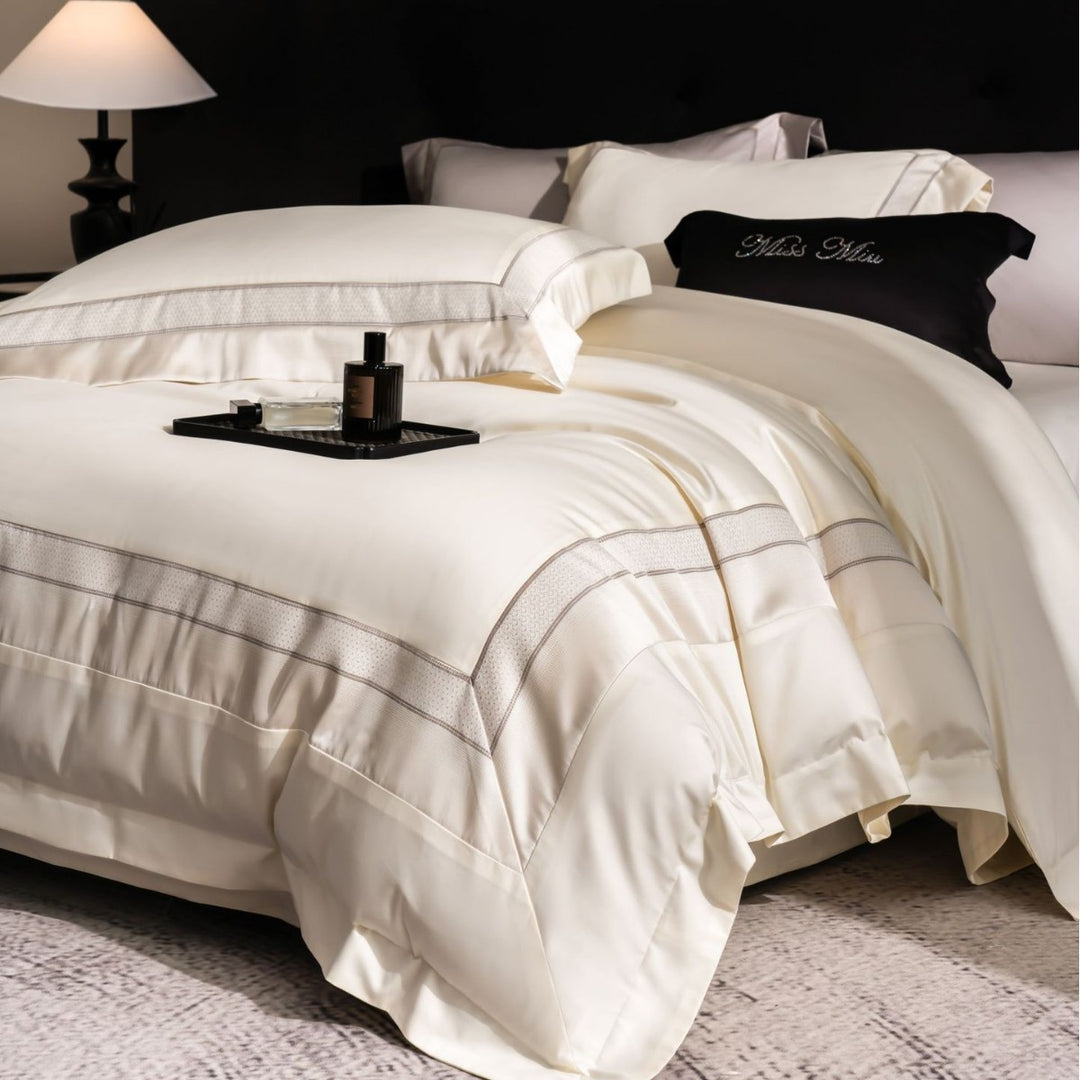 Ultra-weiches Satin-Jacquard-Bettbezug-Set mit bestickten Oxford-Kissenbezügen