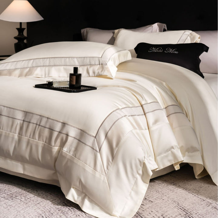 Ultra-weiches Satin-Jacquard-Bettbezug-Set mit bestickten Oxford-Kissenbezügen