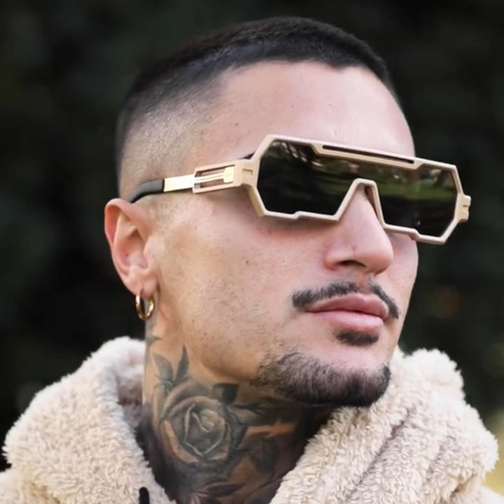 Damen modische Sonnenbrille im futuristischen Design mit breitem Rahmen Karnz