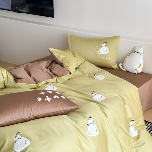 Verspielt Bestickte Plüsch-Katzen Bettbezug Set mit Wendbarem Satin Finish und Passenden Kissenbezügen